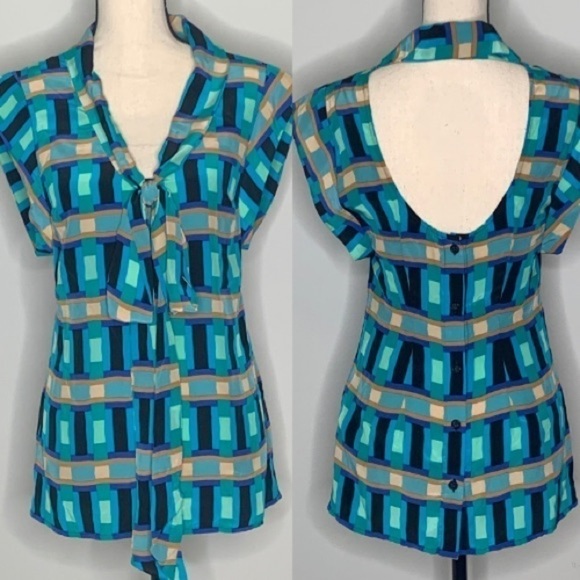 Tracy Reese Silk Geometric Low Back Blouse Blue XS - Picture 1 of 12